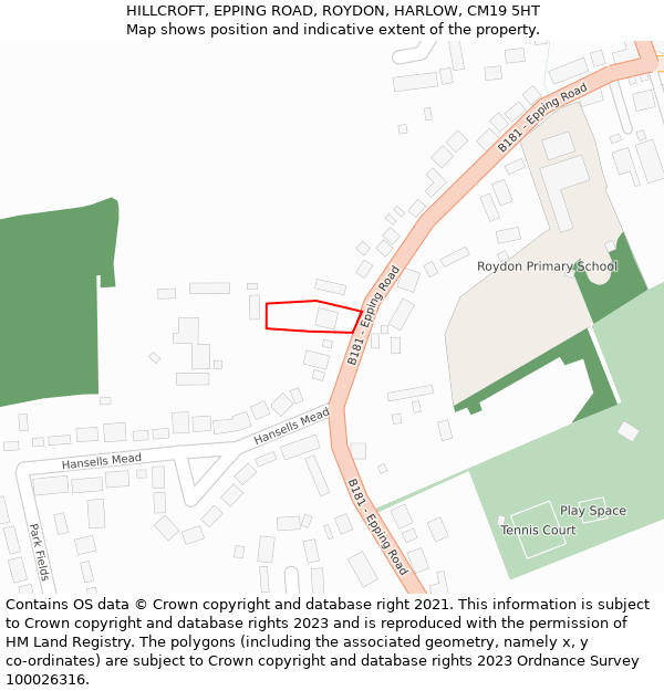 HILLCROFT, EPPING ROAD, ROYDON, HARLOW, CM19 5HT: Location map and indicative extent of plot