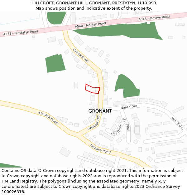 HILLCROFT, GRONANT HILL, GRONANT, PRESTATYN, LL19 9SR: Location map and indicative extent of plot