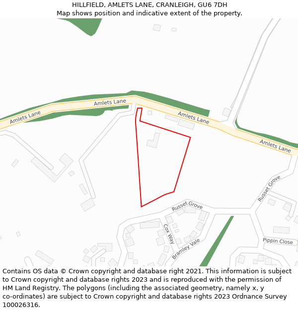 HILLFIELD, AMLETS LANE, CRANLEIGH, GU6 7DH: Location map and indicative extent of plot