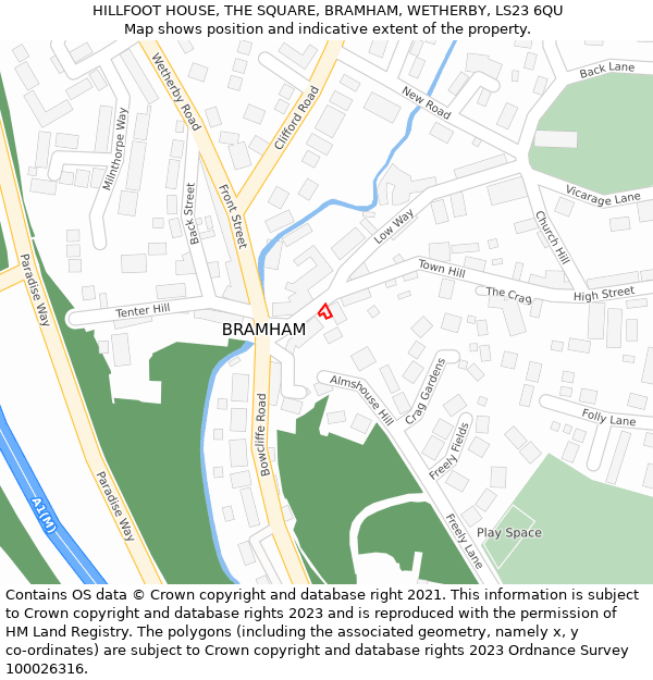 HILLFOOT HOUSE, THE SQUARE, BRAMHAM, WETHERBY, LS23 6QU: Location map and indicative extent of plot