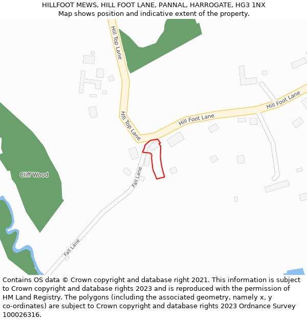 HILLFOOT MEWS, HILL FOOT LANE, PANNAL, HARROGATE, HG3 1NX: Location map and indicative extent of plot