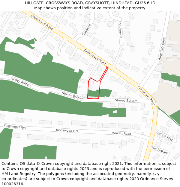 HILLGATE, CROSSWAYS ROAD, GRAYSHOTT, HINDHEAD, GU26 6HD: Location map and indicative extent of plot