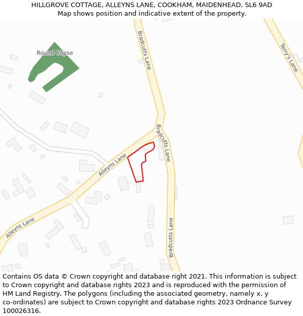 HILLGROVE COTTAGE, ALLEYNS LANE, COOKHAM, MAIDENHEAD, SL6 9AD: Location map and indicative extent of plot