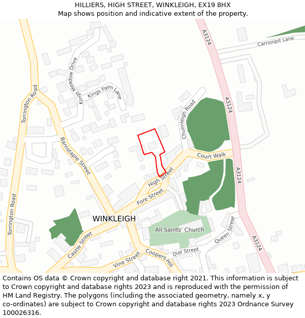 HILLIERS, HIGH STREET, WINKLEIGH, EX19 8HX: Location map and indicative extent of plot