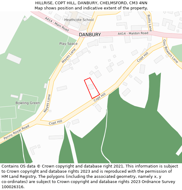 HILLRISE, COPT HILL, DANBURY, CHELMSFORD, CM3 4NN: Location map and indicative extent of plot