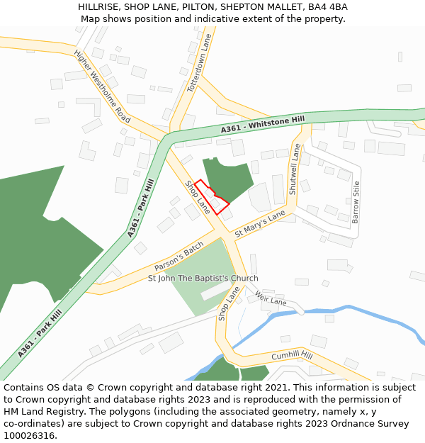 HILLRISE, SHOP LANE, PILTON, SHEPTON MALLET, BA4 4BA: Location map and indicative extent of plot