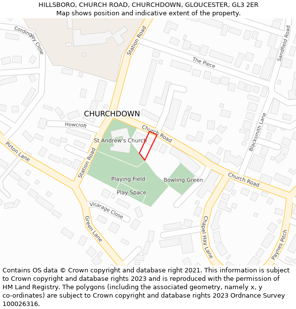 HILLSBORO, CHURCH ROAD, CHURCHDOWN, GLOUCESTER, GL3 2ER: Location map and indicative extent of plot