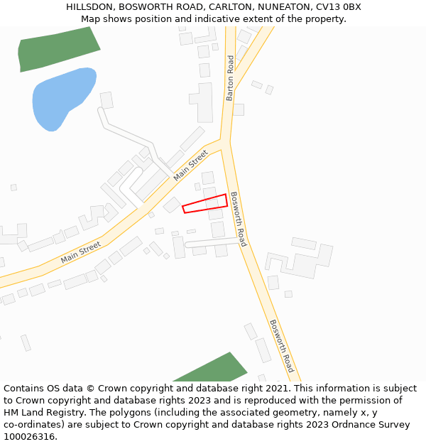 HILLSDON, BOSWORTH ROAD, CARLTON, NUNEATON, CV13 0BX: Location map and indicative extent of plot