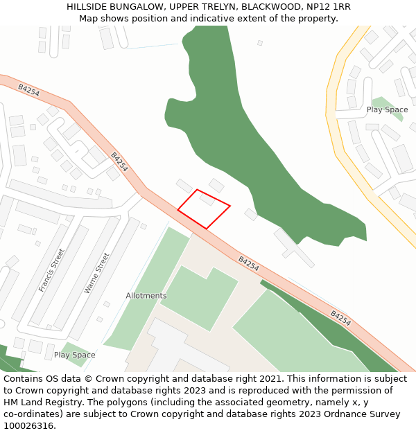 HILLSIDE BUNGALOW, UPPER TRELYN, BLACKWOOD, NP12 1RR: Location map and indicative extent of plot