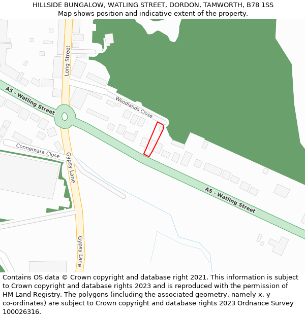 HILLSIDE BUNGALOW, WATLING STREET, DORDON, TAMWORTH, B78 1SS: Location map and indicative extent of plot