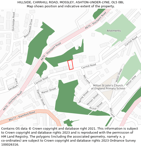 HILLSIDE, CARRHILL ROAD, MOSSLEY, ASHTON-UNDER-LYNE, OL5 0BL: Location map and indicative extent of plot