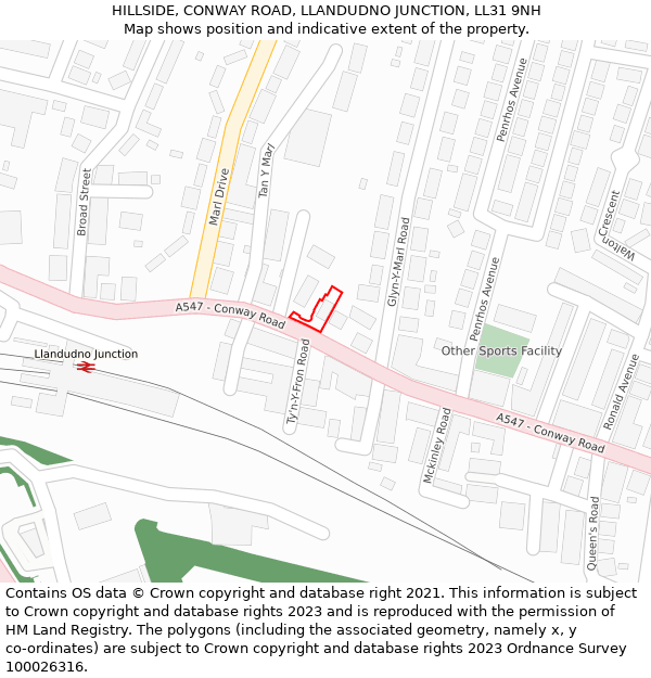 HILLSIDE, CONWAY ROAD, LLANDUDNO JUNCTION, LL31 9NH: Location map and indicative extent of plot