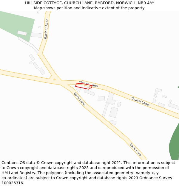 HILLSIDE COTTAGE, CHURCH LANE, BARFORD, NORWICH, NR9 4AY: Location map and indicative extent of plot
