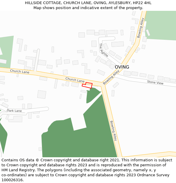 HILLSIDE COTTAGE, CHURCH LANE, OVING, AYLESBURY, HP22 4HL: Location map and indicative extent of plot