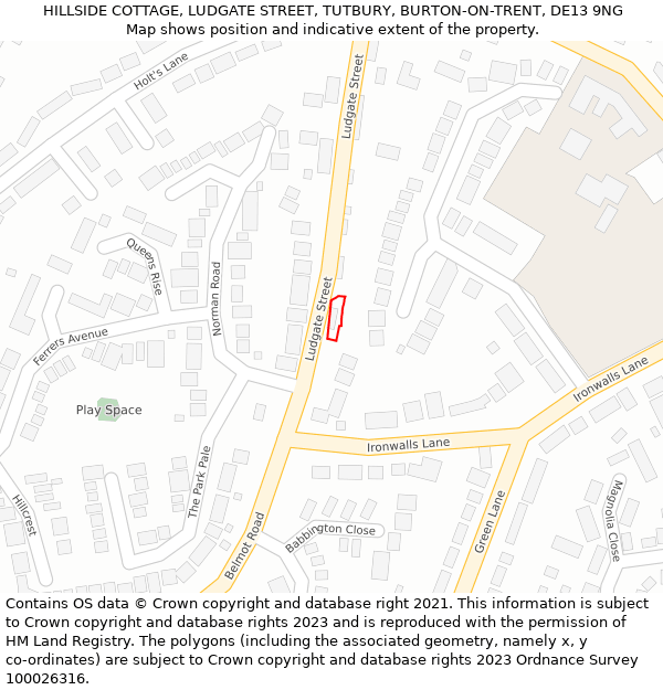 HILLSIDE COTTAGE, LUDGATE STREET, TUTBURY, BURTON-ON-TRENT, DE13 9NG: Location map and indicative extent of plot