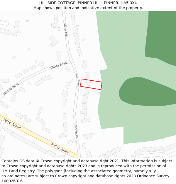 HILLSIDE COTTAGE, PINNER HILL, PINNER, HA5 3XU: Location map and indicative extent of plot