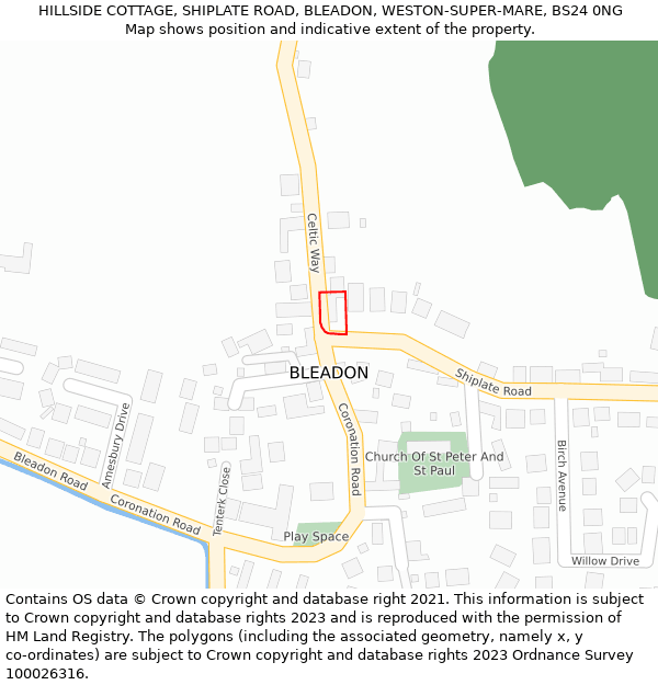 HILLSIDE COTTAGE, SHIPLATE ROAD, BLEADON, WESTON-SUPER-MARE, BS24 0NG: Location map and indicative extent of plot