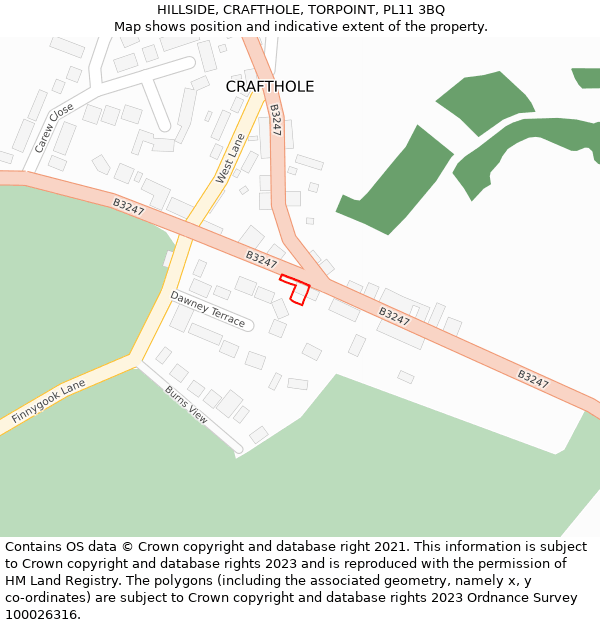 HILLSIDE, CRAFTHOLE, TORPOINT, PL11 3BQ: Location map and indicative extent of plot