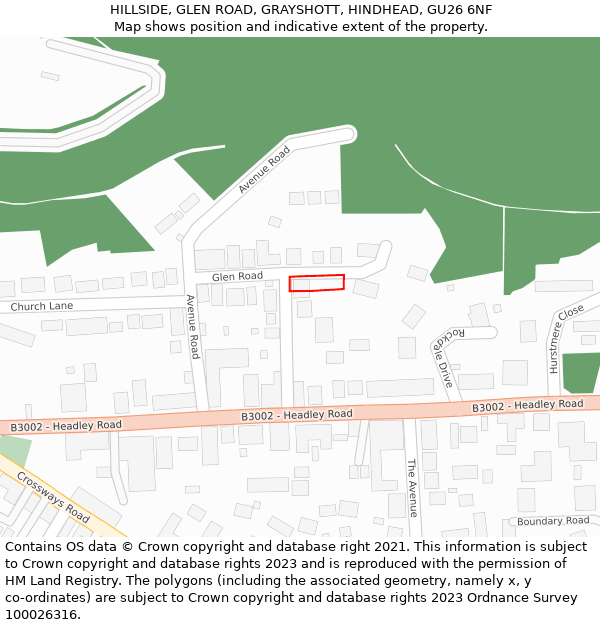 HILLSIDE, GLEN ROAD, GRAYSHOTT, HINDHEAD, GU26 6NF: Location map and indicative extent of plot