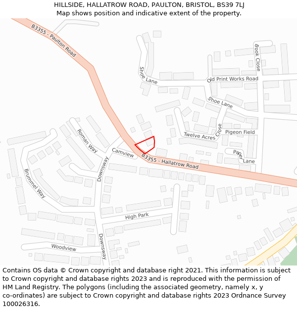 HILLSIDE, HALLATROW ROAD, PAULTON, BRISTOL, BS39 7LJ: Location map and indicative extent of plot