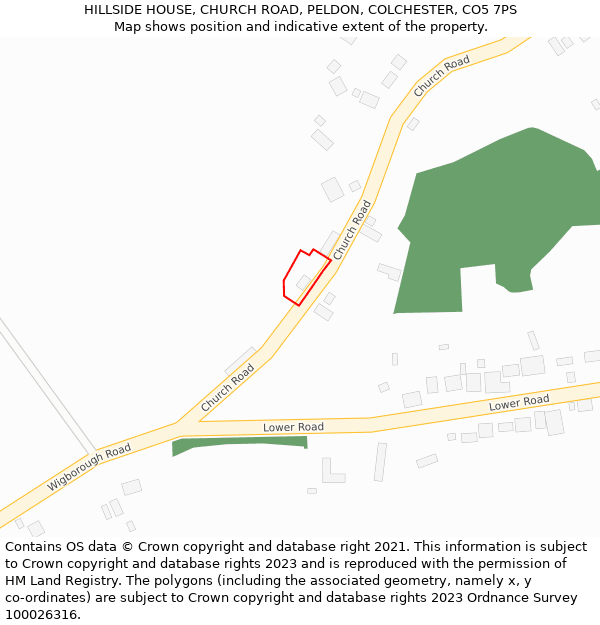 HILLSIDE HOUSE, CHURCH ROAD, PELDON, COLCHESTER, CO5 7PS: Location map and indicative extent of plot