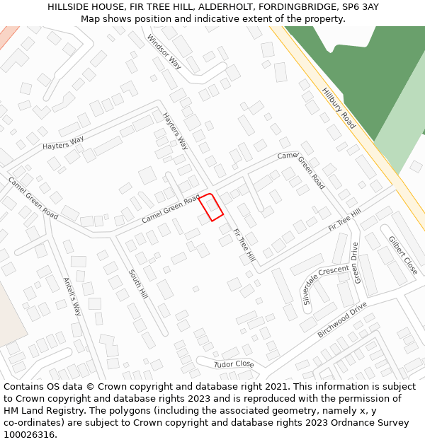 HILLSIDE HOUSE, FIR TREE HILL, ALDERHOLT, FORDINGBRIDGE, SP6 3AY: Location map and indicative extent of plot