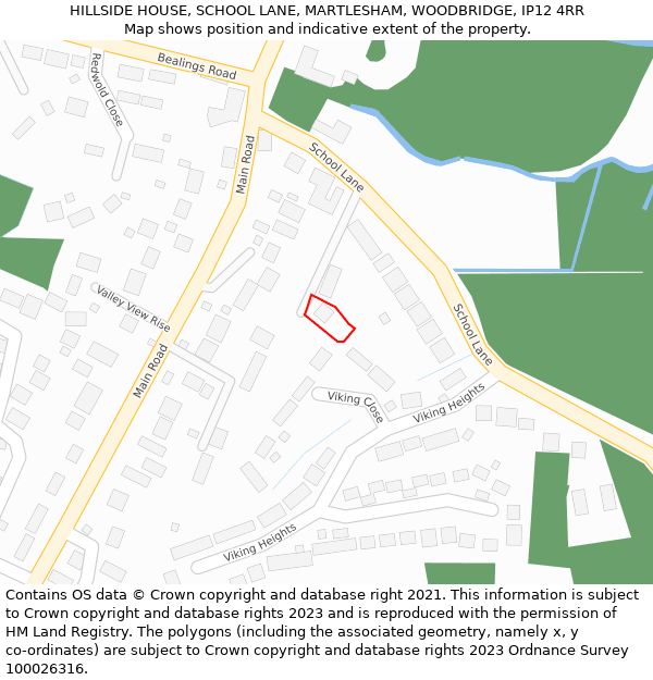 HILLSIDE HOUSE, SCHOOL LANE, MARTLESHAM, WOODBRIDGE, IP12 4RR: Location map and indicative extent of plot