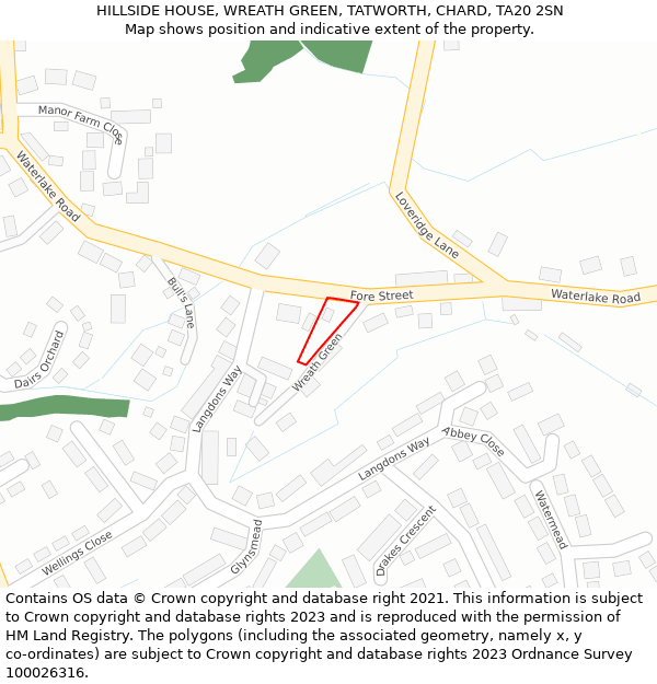 HILLSIDE HOUSE, WREATH GREEN, TATWORTH, CHARD, TA20 2SN: Location map and indicative extent of plot