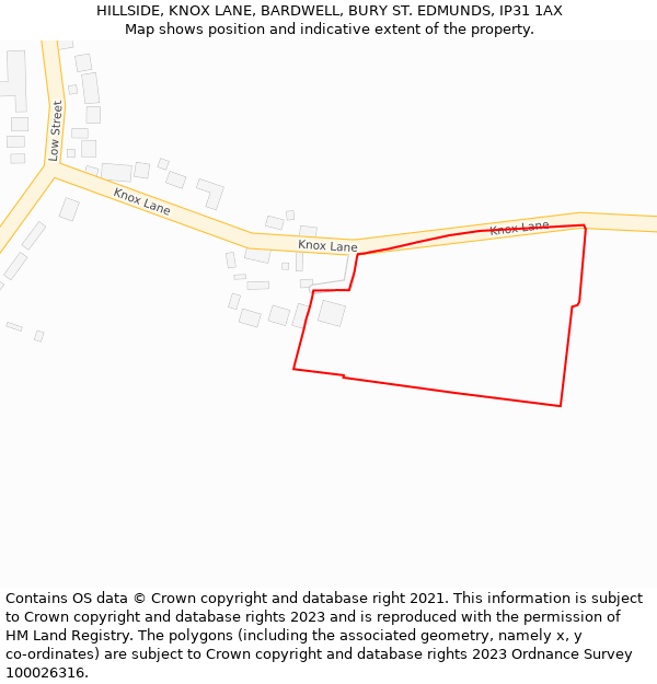 HILLSIDE, KNOX LANE, BARDWELL, BURY ST. EDMUNDS, IP31 1AX: Location map and indicative extent of plot