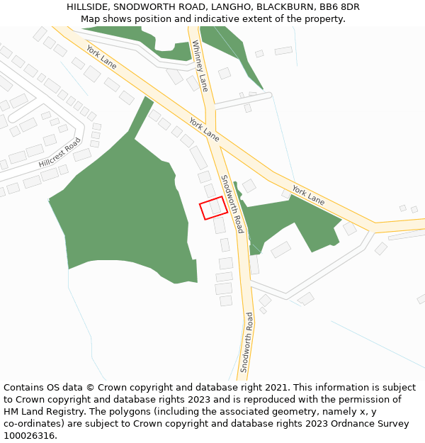 HILLSIDE, SNODWORTH ROAD, LANGHO, BLACKBURN, BB6 8DR: Location map and indicative extent of plot