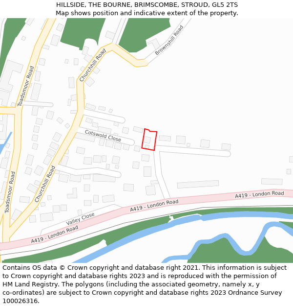 HILLSIDE, THE BOURNE, BRIMSCOMBE, STROUD, GL5 2TS: Location map and indicative extent of plot
