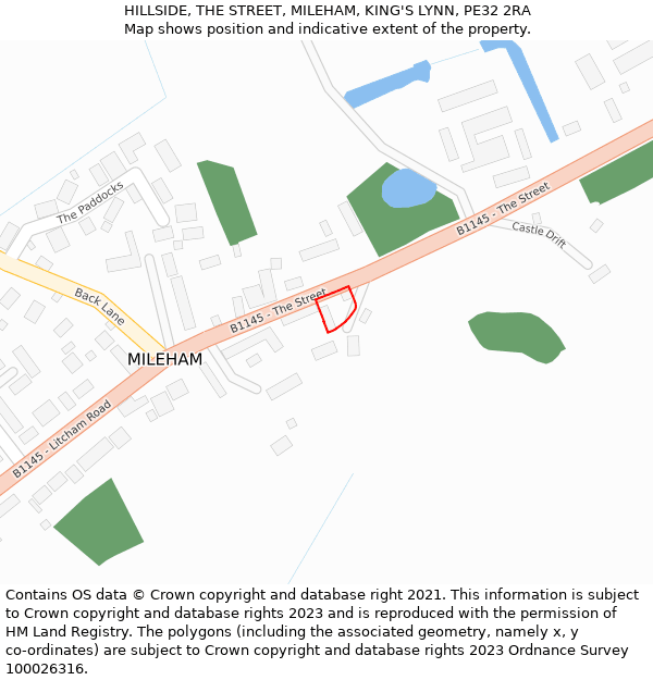 HILLSIDE, THE STREET, MILEHAM, KING'S LYNN, PE32 2RA: Location map and indicative extent of plot