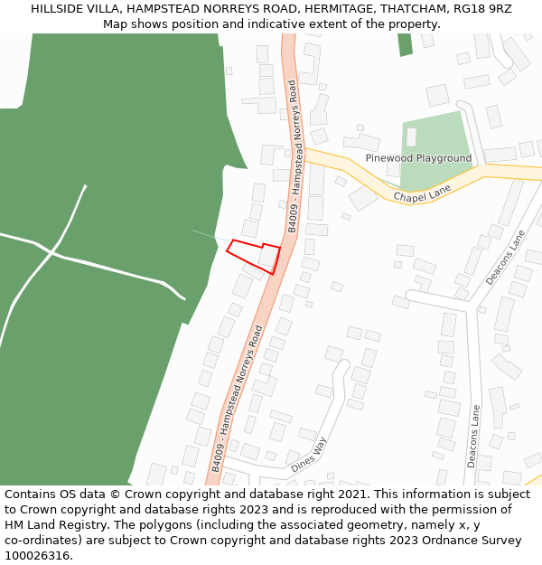HILLSIDE VILLA, HAMPSTEAD NORREYS ROAD, HERMITAGE, THATCHAM, RG18 9RZ: Location map and indicative extent of plot