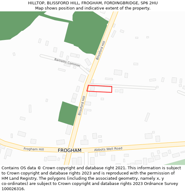 HILLTOP, BLISSFORD HILL, FROGHAM, FORDINGBRIDGE, SP6 2HU: Location map and indicative extent of plot