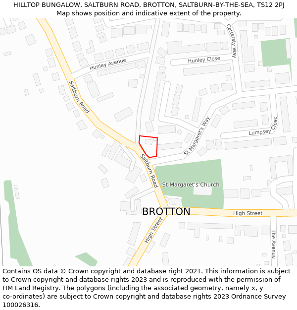 HILLTOP BUNGALOW, SALTBURN ROAD, BROTTON, SALTBURN-BY-THE-SEA, TS12 2PJ: Location map and indicative extent of plot