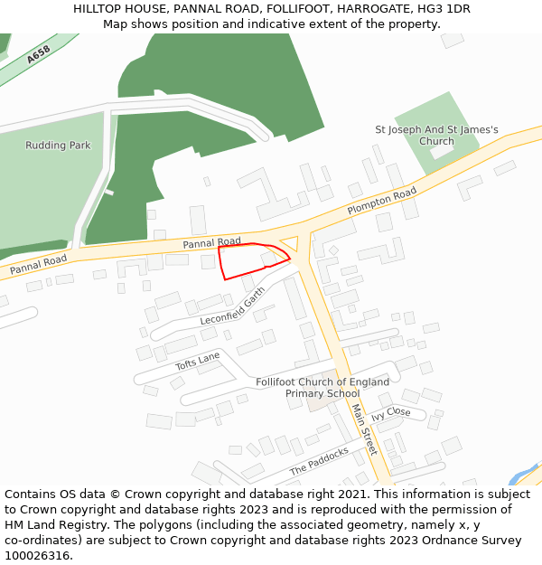 HILLTOP HOUSE, PANNAL ROAD, FOLLIFOOT, HARROGATE, HG3 1DR: Location map and indicative extent of plot