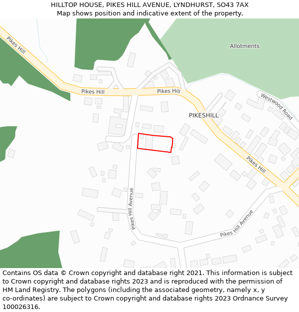 HILLTOP HOUSE, PIKES HILL AVENUE, LYNDHURST, SO43 7AX: Location map and indicative extent of plot