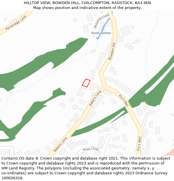 HILLTOP VIEW, BOWDEN HILL, CHILCOMPTON, RADSTOCK, BA3 4EN: Location map and indicative extent of plot