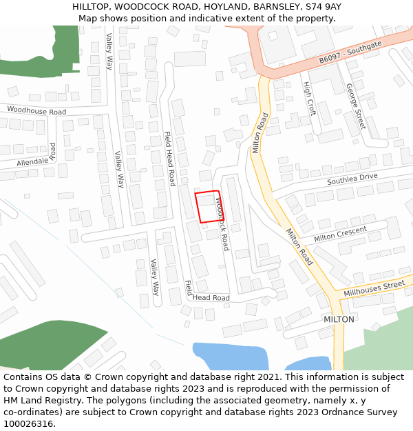 HILLTOP, WOODCOCK ROAD, HOYLAND, BARNSLEY, S74 9AY: Location map and indicative extent of plot