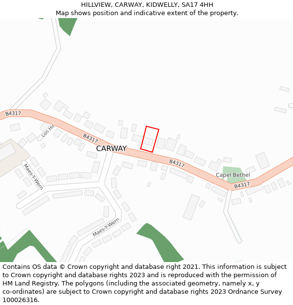 HILLVIEW, CARWAY, KIDWELLY, SA17 4HH: Location map and indicative extent of plot