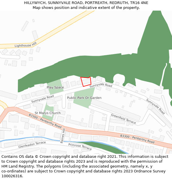 HILLYWYCH, SUNNYVALE ROAD, PORTREATH, REDRUTH, TR16 4NE: Location map and indicative extent of plot