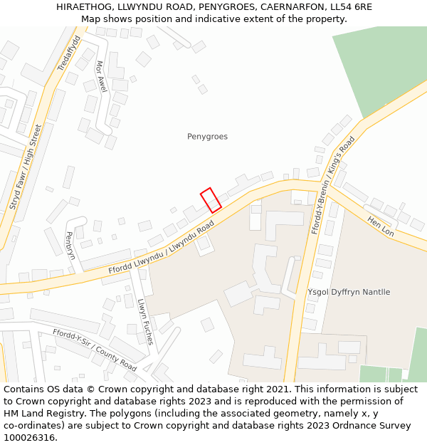 HIRAETHOG, LLWYNDU ROAD, PENYGROES, CAERNARFON, LL54 6RE: Location map and indicative extent of plot