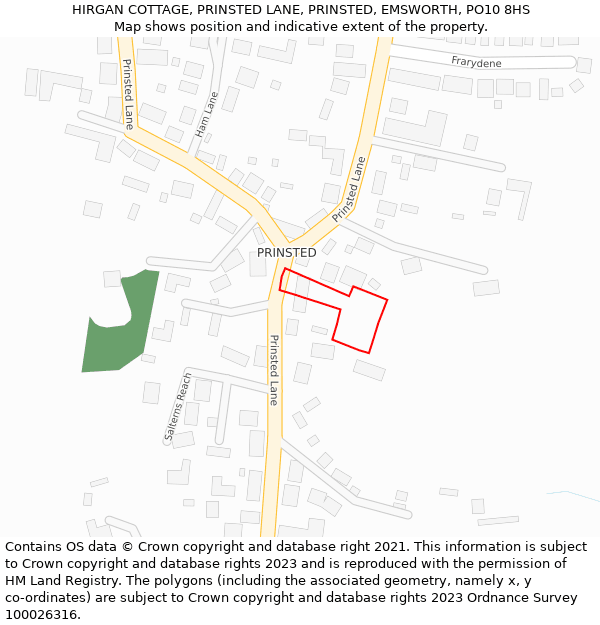 HIRGAN COTTAGE, PRINSTED LANE, PRINSTED, EMSWORTH, PO10 8HS: Location map and indicative extent of plot