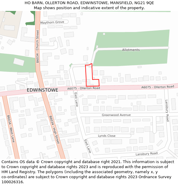 HO BARN, OLLERTON ROAD, EDWINSTOWE, MANSFIELD, NG21 9QE: Location map and indicative extent of plot