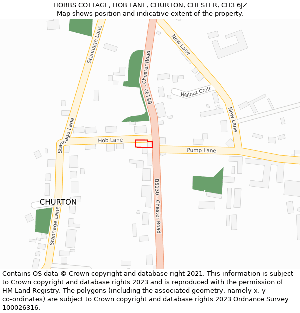 HOBBS COTTAGE, HOB LANE, CHURTON, CHESTER, CH3 6JZ: Location map and indicative extent of plot