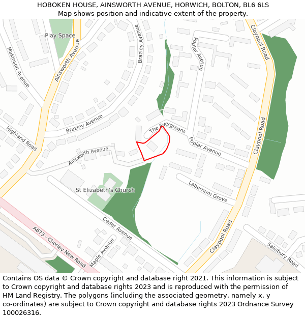 HOBOKEN HOUSE, AINSWORTH AVENUE, HORWICH, BOLTON, BL6 6LS: Location map and indicative extent of plot