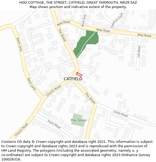 HOG COTTAGE, THE STREET, CATFIELD, GREAT YARMOUTH, NR29 5AZ: Location map and indicative extent of plot