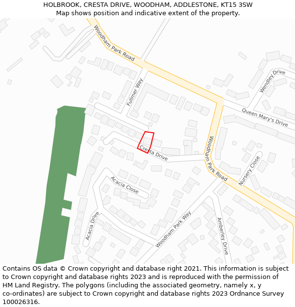 HOLBROOK, CRESTA DRIVE, WOODHAM, ADDLESTONE, KT15 3SW: Location map and indicative extent of plot