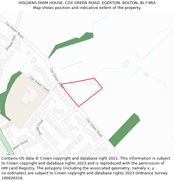 HOLDENS FARM HOUSE, COX GREEN ROAD, EGERTON, BOLTON, BL7 9RA: Location map and indicative extent of plot