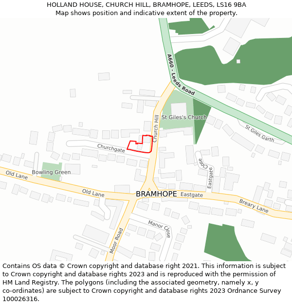 HOLLAND HOUSE, CHURCH HILL, BRAMHOPE, LEEDS, LS16 9BA: Location map and indicative extent of plot